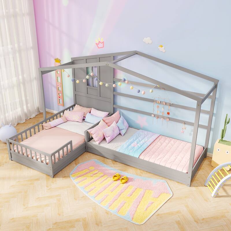Gymax L-shaped Double Twin Beds House Platform Beds w/ Window & Fences