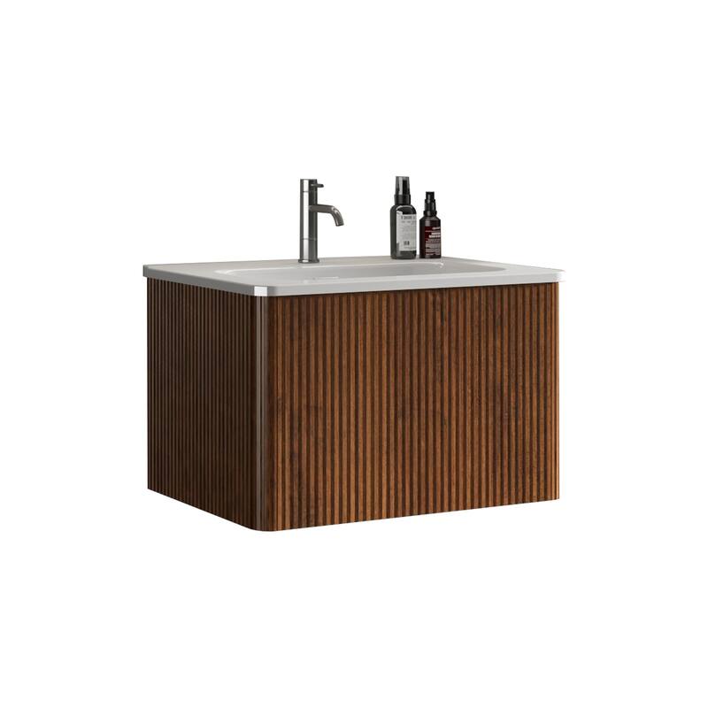 24 Inch Striped Walnut Bathroom Vanity with White Ceramic Sink,Wall Mounted Floating Bathroom Vanity for Modern Bathroom