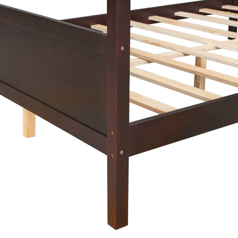 Queen Size Canopy Platform Bed with Headboard, Footboard, and Slat Support in Espresso