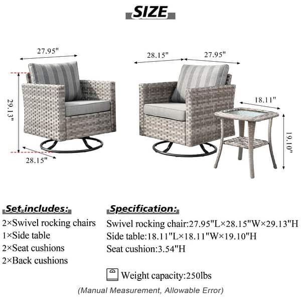 HOOOWOOO Outdoor Furniture Set 3piece Patio Rattan Swivel Rocking
