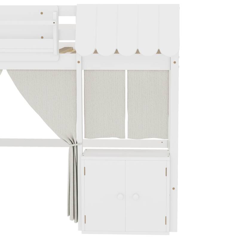 Fairy Tale Cottage Loft Bed with Tent, Bookshelf and Storage Cabinets