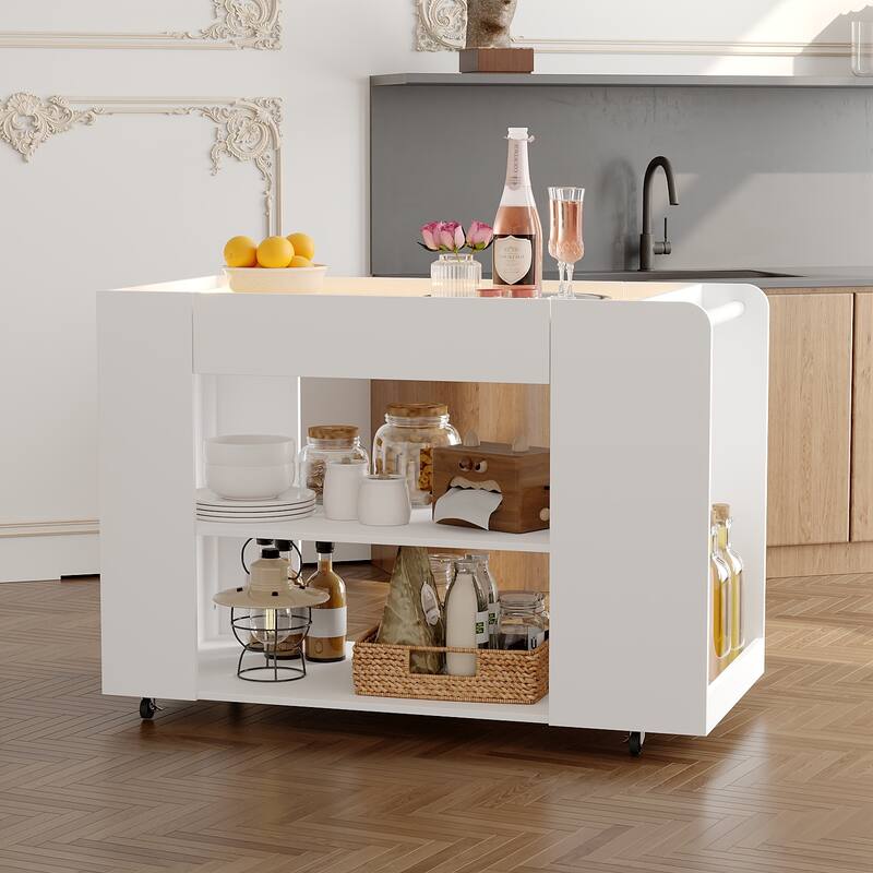 LED Kitchen Island with Tempered Glass Top, Rolling Storage Cabinet with 3-Color Lighting