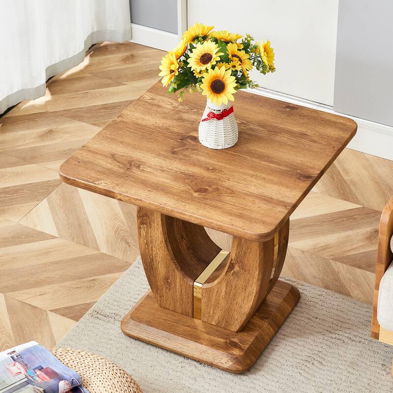 23.6" Modern Square Coffee Table with Gold Plated Decorative Strips for Living Room - Wood
