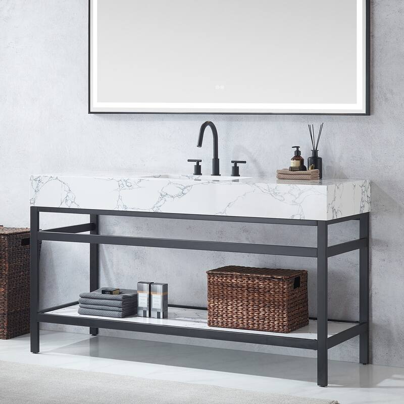 Ecija Bath Vanity, Metal Support with Composite Stone Top and Mirror