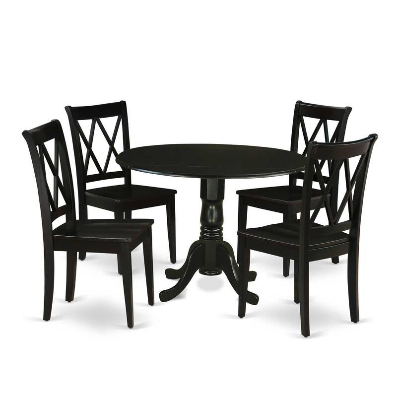 HomeStock 5-Piece Round Black Finish Solid Wood Top Dining table with 4-Chairs with Drop Leaf Lattice Back