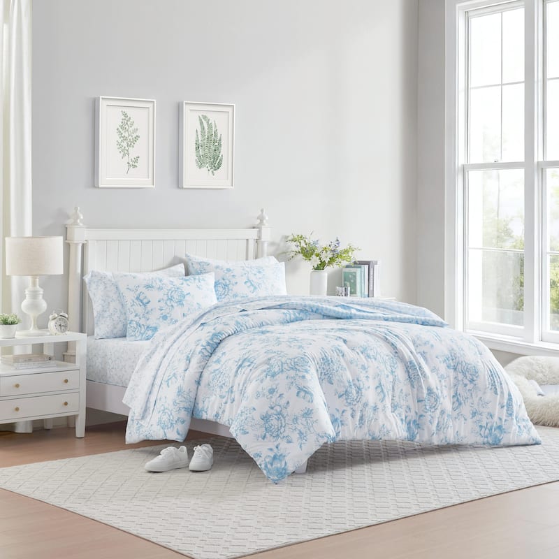 Laura Ashley Delphine Floral Reversible with Stripe Reverse Comforter Set with Sheets (Blue)