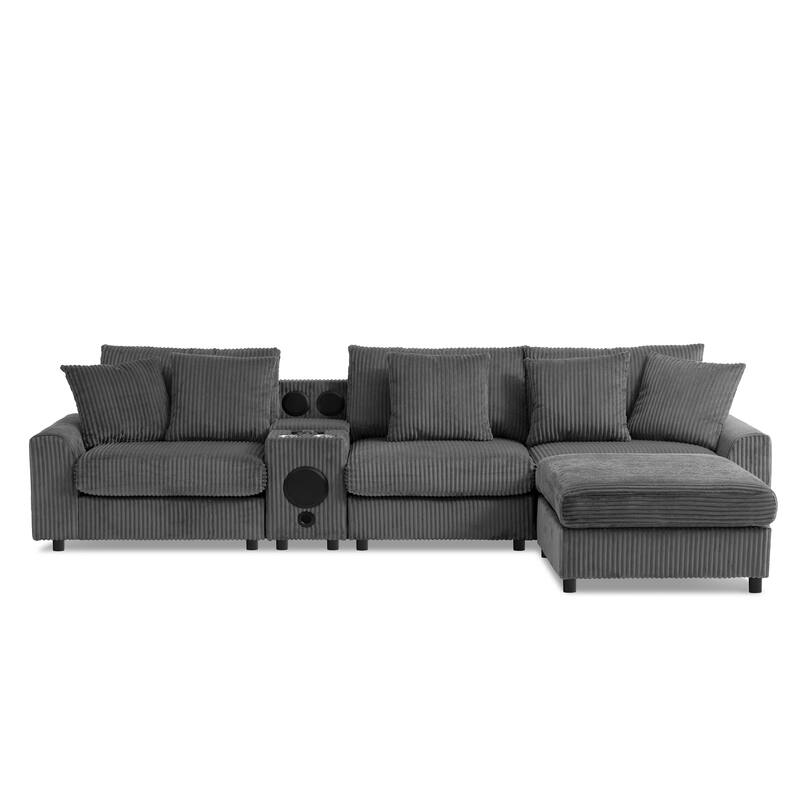 Modular Corduroy Sectional Sofa with Bluetooth Speakers, Charging Ports, Cup Holders, Storage and Ottoman for Living Room