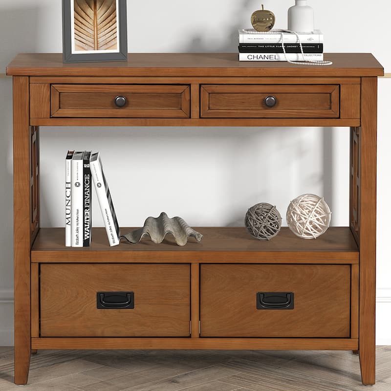 36" Country Console Table with Hollow Decorative, Solid Wood Living Room Entryway Sofa Table with 4 Drawers and Open Shelf