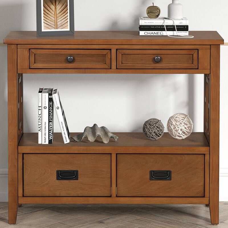 36'' Pine Entryway Table Console Table with 4 Drawers & Open Shelf, Farmhouse Side Table Sofa Table for Entryway Living Room