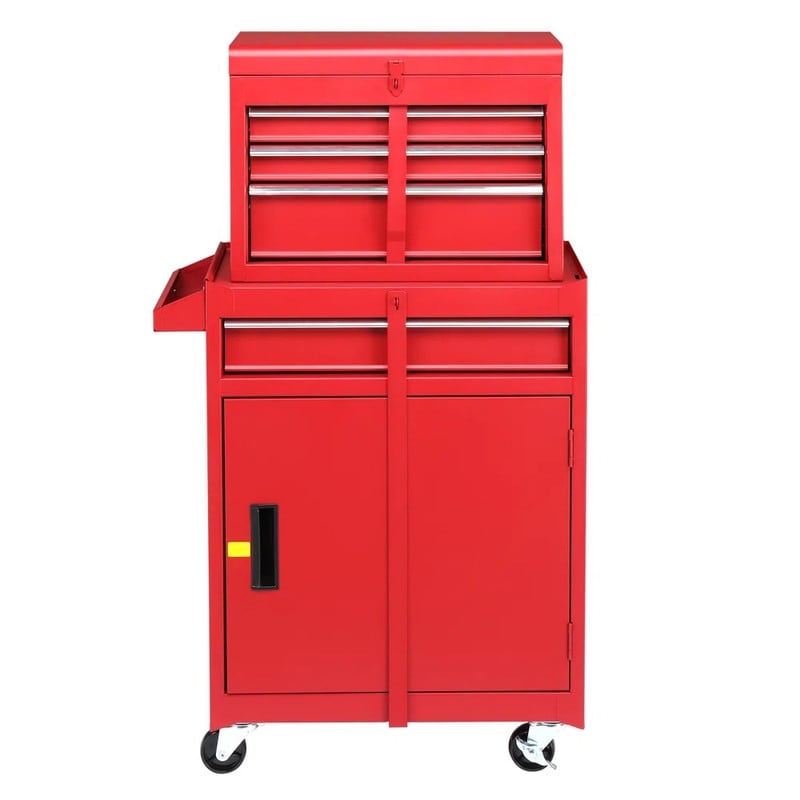 2 in 1 Rolling Tool Chest with Lock Tool Box Garage Storage Cabinet - Red