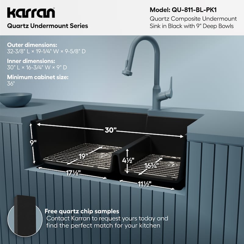 Karran 32" Undermount Large/Small Bowl Quartz Kitchen Sink Kit - 32" x 21.25" x 9"