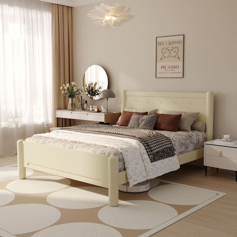 GDFStudio - Elara Wood Platform Bed Frame with Headboard and Wooden Slat Support - Beige + Natural - Queen