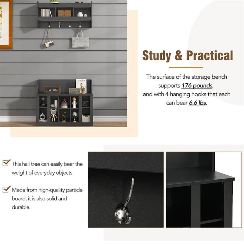 Shoe Storage Bench with Shelves and 4 Hooks, Wall Mounted Coat Rack
