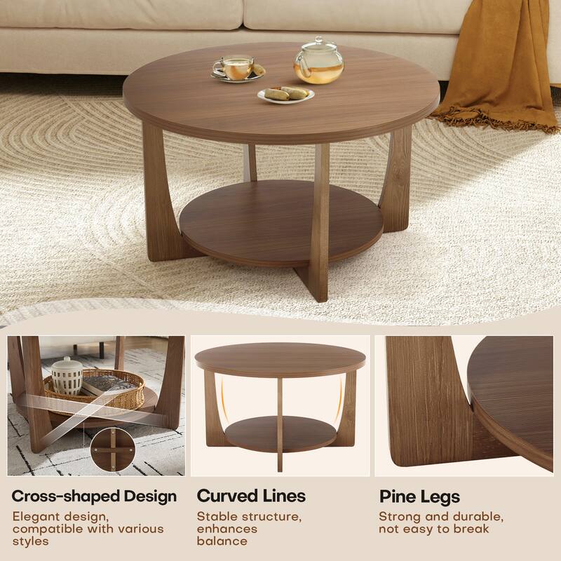 31.5" Round Coffee Table with Solid Wood Legs and 2-Tier Storage - 31.5"Dia x 17.72"H