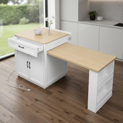 HomeRoots 55" White And Natural Wood Rolling Kitchen Island With Storage - 55.10 in. x 36.20 in. x 27.60 in.