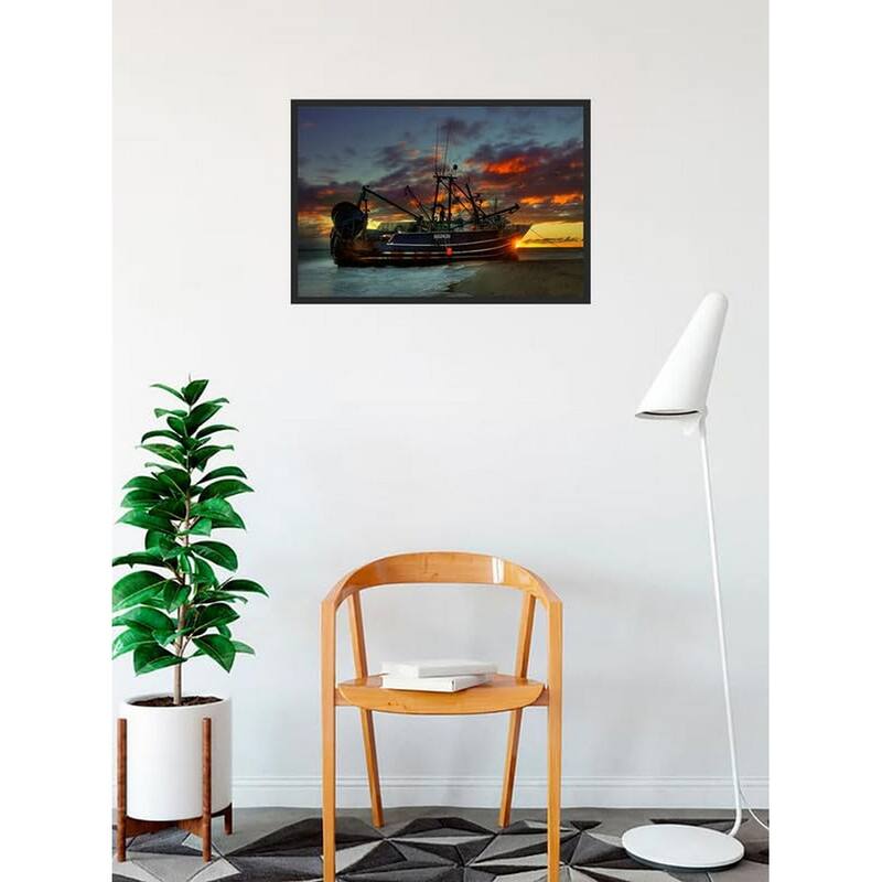 WC182 Grounded Boat After Storm Sunset Cape Cod Photography by Wayne Collamore Framed Poster - 18 x 24 Inch
