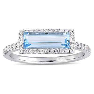 Miadora Sterling Silver Sky-Blue Topaz and White Sapphire Rectangular Halo Ring