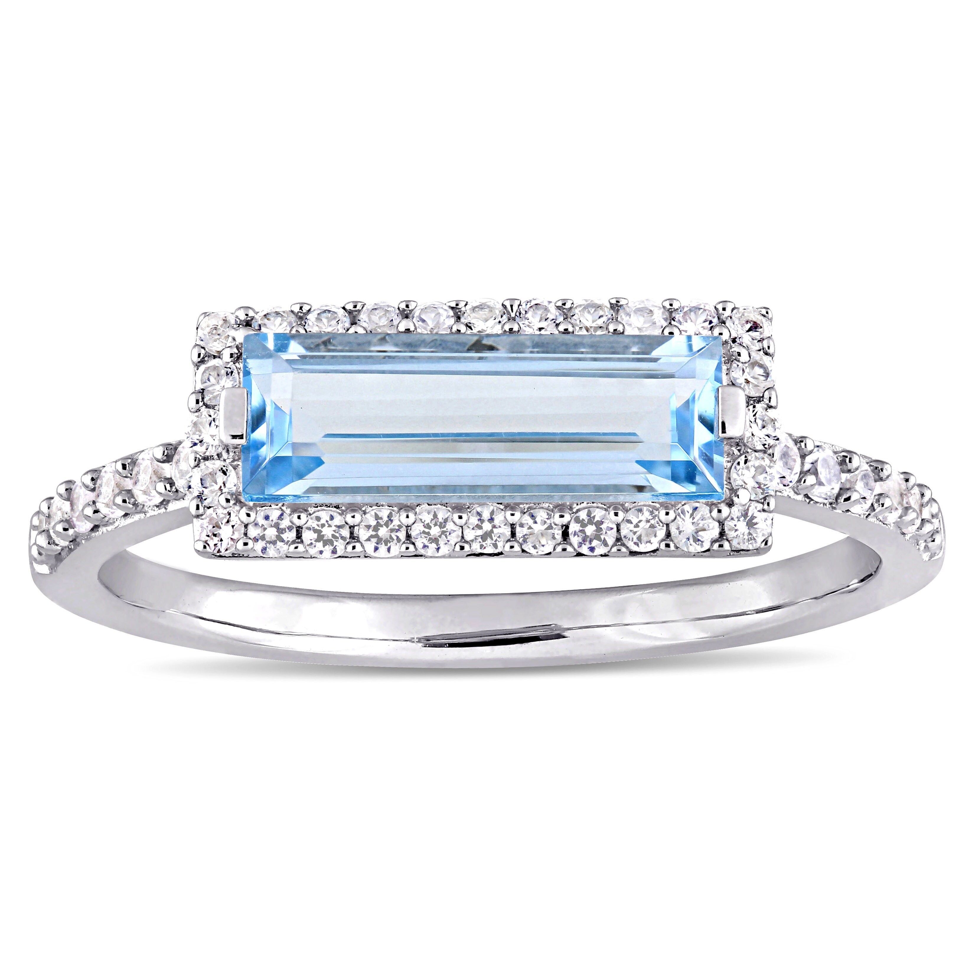 Miadora Sterling Silver Sky-Blue Topaz and White Sapphire Rectangular Halo Ring