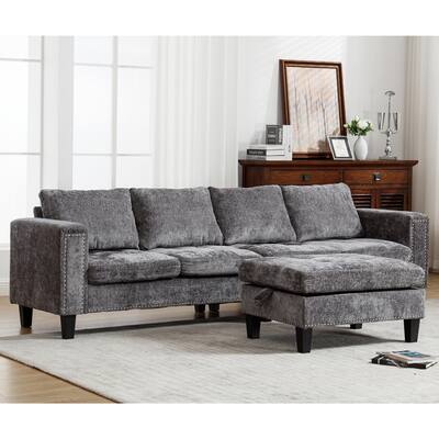 5 Seat Modular Convertible Sectional L Shaped Sofa with Storage Ottoman, Gray, Chenille