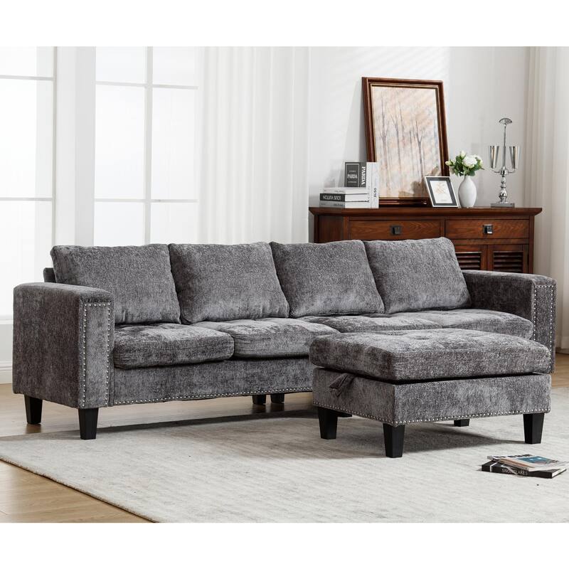 Contemporary Modular Sectional Sofa with Chenille Upholstery and Storage Ottoman for Living Room or Guest Room