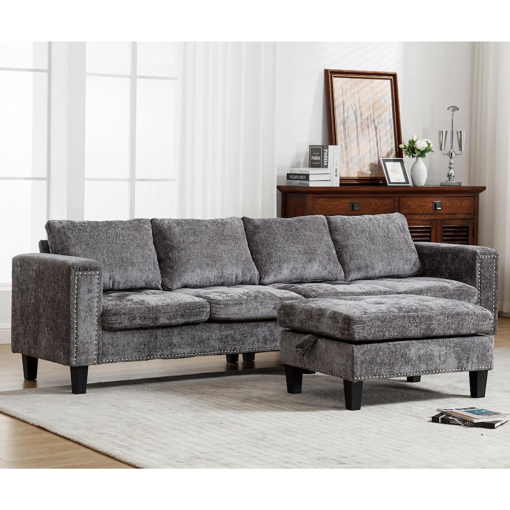 Grey 104.5'' L-Shaped Modular 5-Seat Sectional Sofa with Storage Ottoman, Reversible Chaise, and 4 Back Cushions