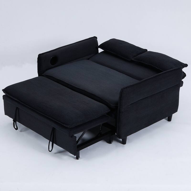 65.74-inch Black Corduroy Multi-functional Adjustable Sofa Bed with Letter Stripes