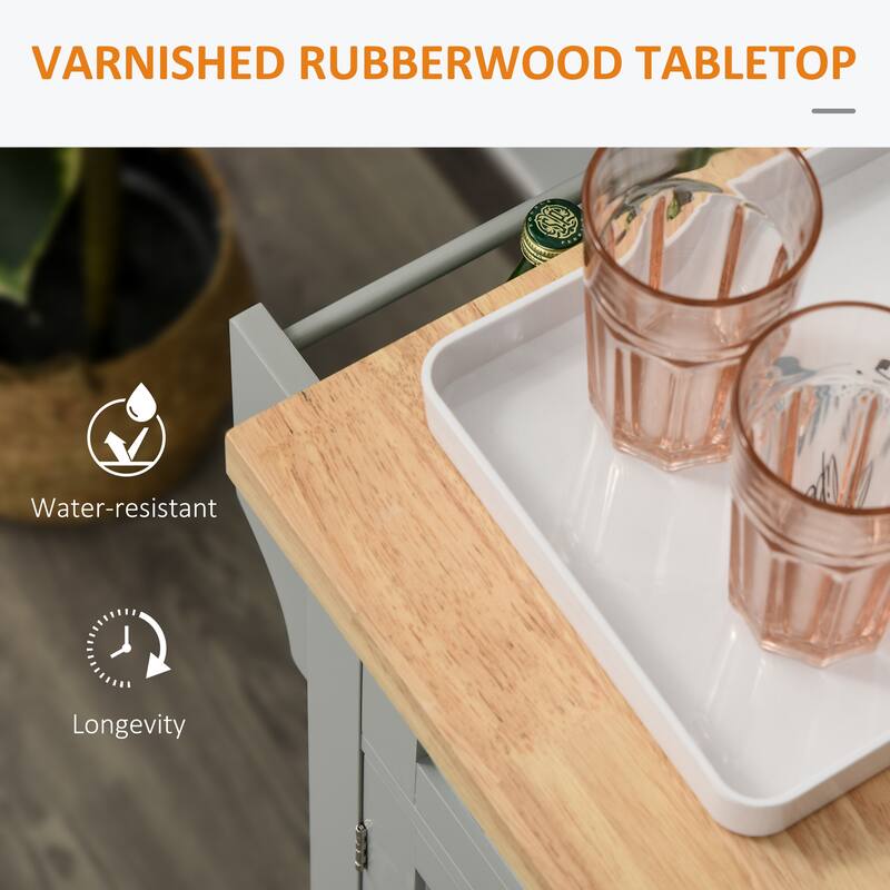 Kitchen Island with Rubber Wood Top, Movable Kitchen Cart on Wheels, Rolling Island Cart with Adjustable Shelves & Drawers
