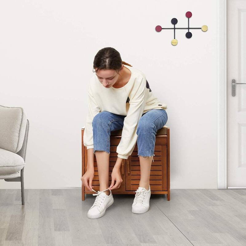 Shoe Storage Bench, Bamboo Shoe Rack with Door Storage Space and Soft Cushion