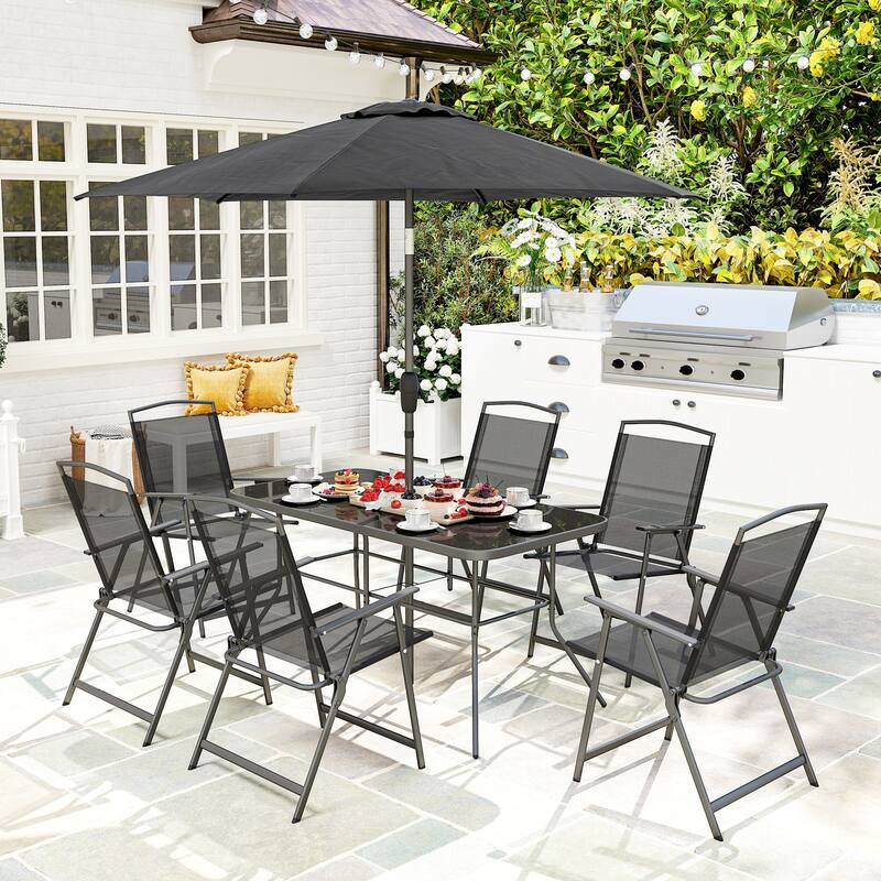 Outsunny 8 Piece Patio Dining Set with Table Umbrella, 6 Folding Chairs and Rectangle Dining Table - Black