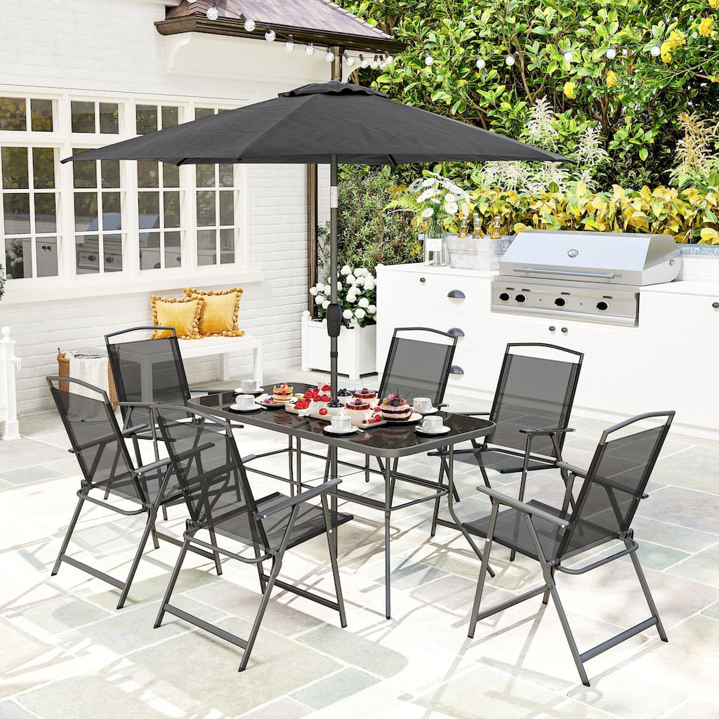 Outsunny 8 Piece Patio Dining Set with Table Umbrella, 6 Folding Chairs and Rectangle Dining Table