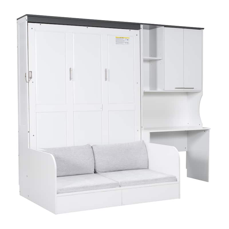 Space-saving Foldable Bed Design Murphy Bed Foldable Platform Bed with Sofa, All-in-one Storage Bookcase Cabinet and Desk