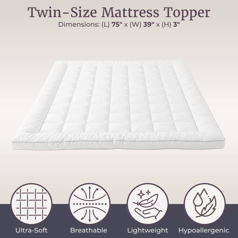 Down Alternative Mattress Topper - 3” Gusset Hypoallergenic Fiber Filled Pillow top Pad by Windsor Home - White