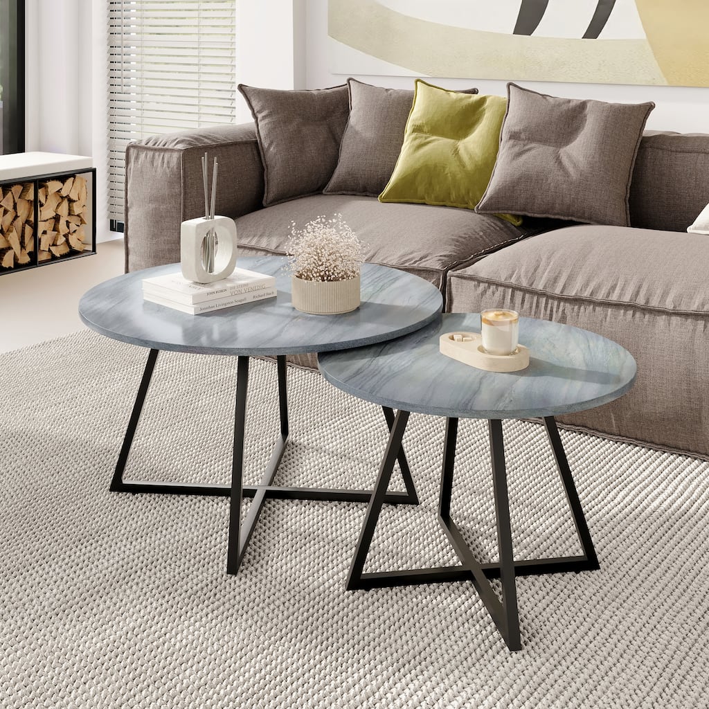 Modern Round Nesting Coffee Table Set with Black Cross Metal Legs