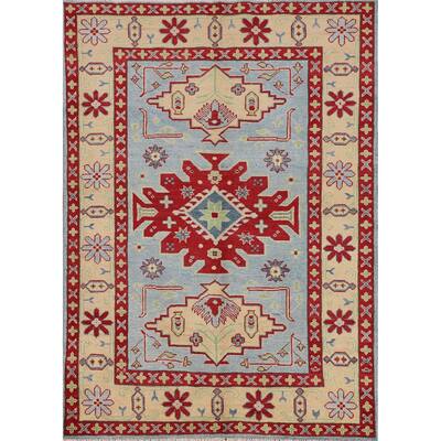 Light Blue Geometric Kazak Rug Hand-Knotted Bedroom Wool Carpet - 4'2" x 5'8"