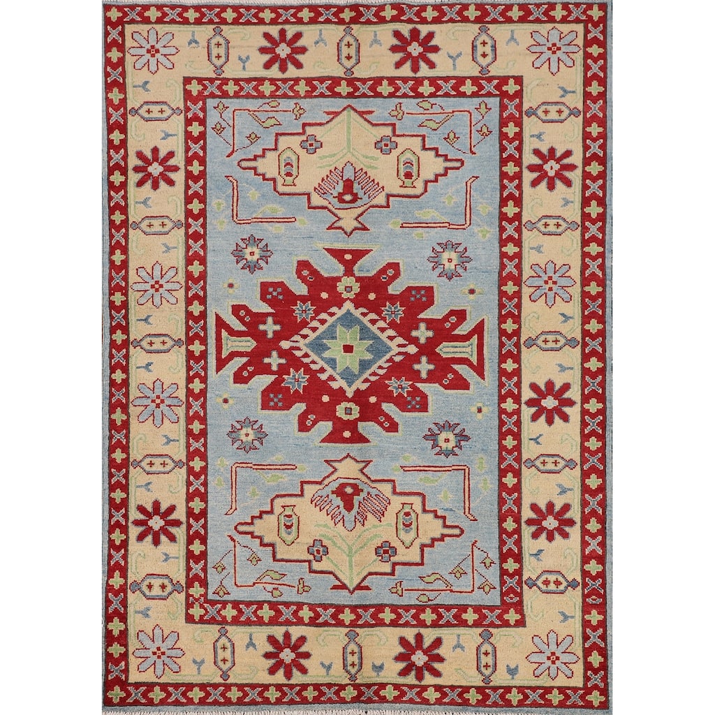 Light Blue Geometric Kazak Rug Hand-Knotted Bedroom Wool Carpet - 4'2" x 5'8"