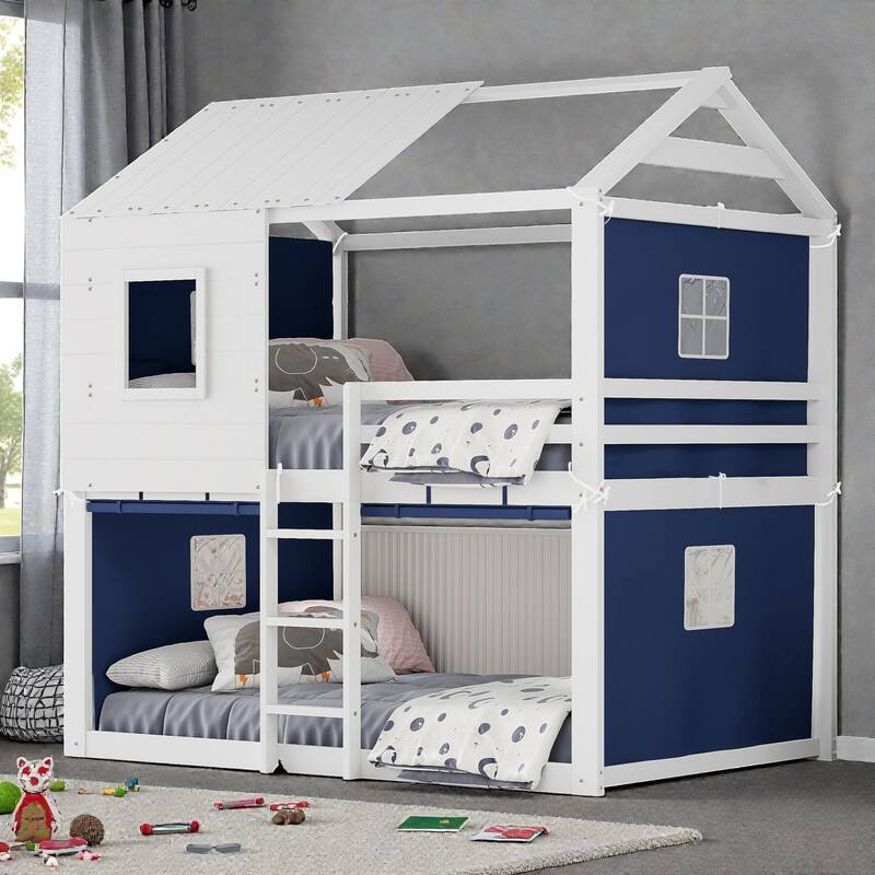 Twin/Full Wood House Bunk Bed with Tent, Playhouse Design, Windows & Roof, Solid Wood Frame, No Box Spring Required - Blue White - Full
