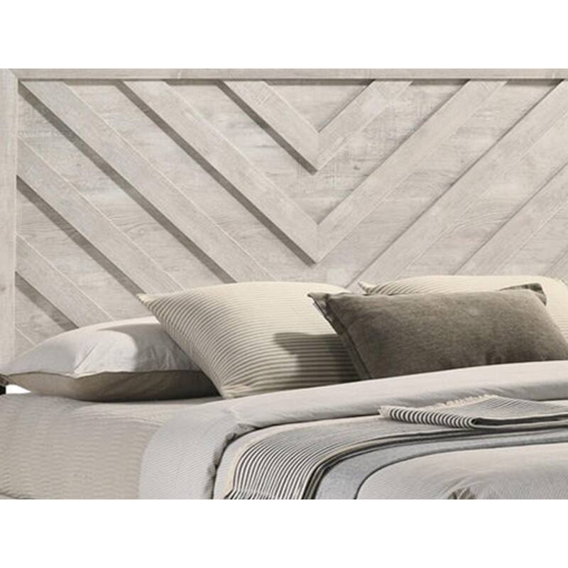 Velz Queen Size Bed w Chevron Patterned Headboard, Beige Wood Finish