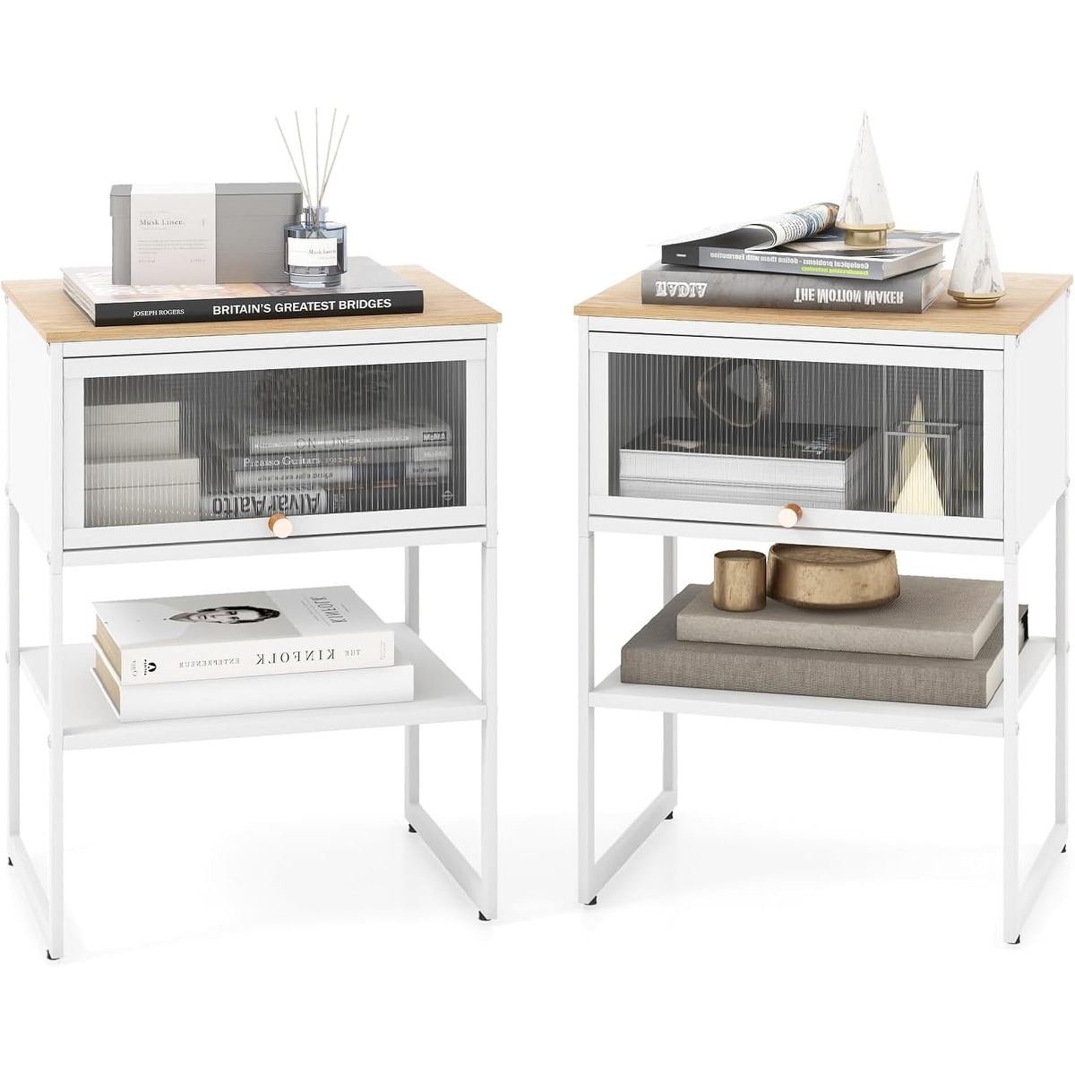 Modern Nightstand Set of 2 with Flip-Up Door, Open Shelf, and Metal Frame, White