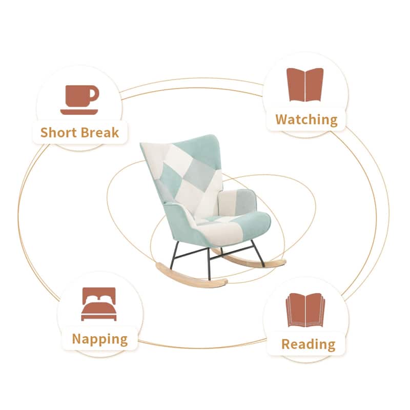 Modern Living Room Patchwork Linen Fabric Rocking Chair with Wood Legs