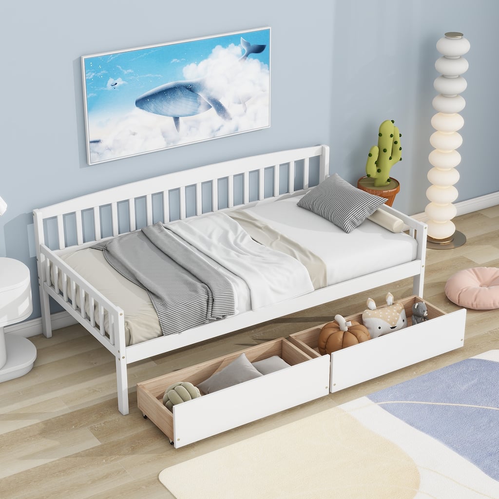 Twin Size Pine Wood Daybed with 2 Storage Drawers, Sofa Bed with Bed Platform of 10 Support Slats, White