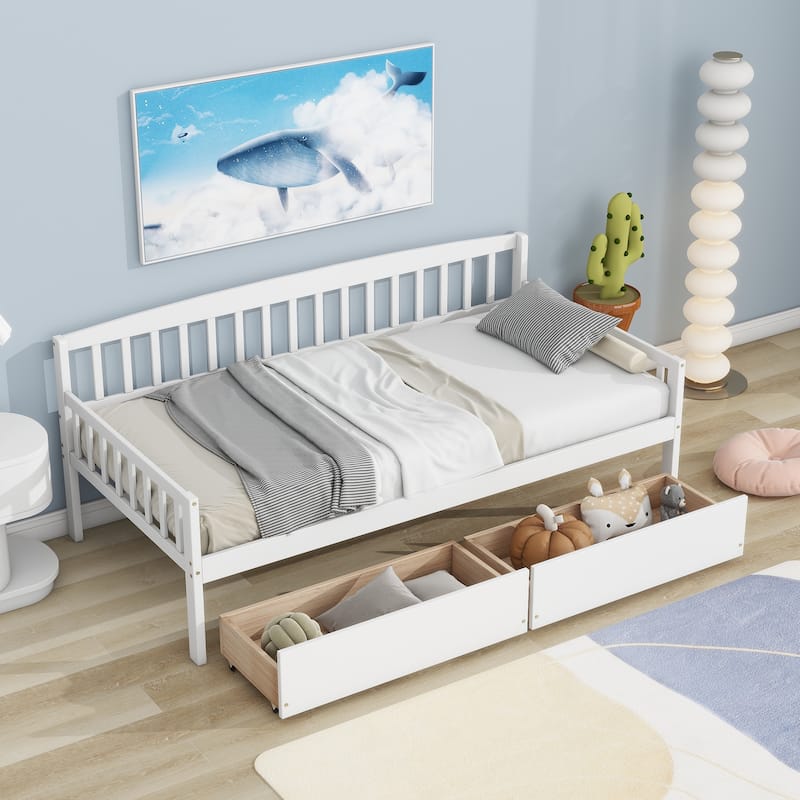 Twin-size Pine Wood Daybed with two Storage Drawers, Sofa Bed with Bed Platform of 10 Support Slats - White