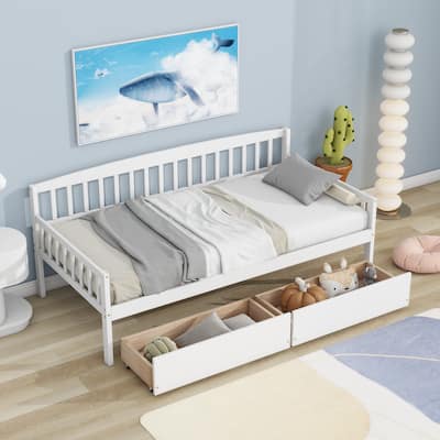 Twin-size Pine Wood Daybed with two Storage Drawers, Sofa Bed with Bed Platform of 10 Support Slats