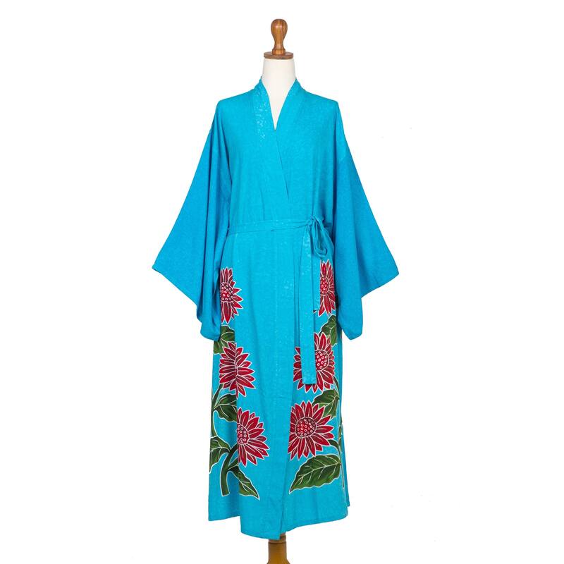 Novica Handmade Beautiful Flowers In Turquoise Hand-Painted Rayon Robe