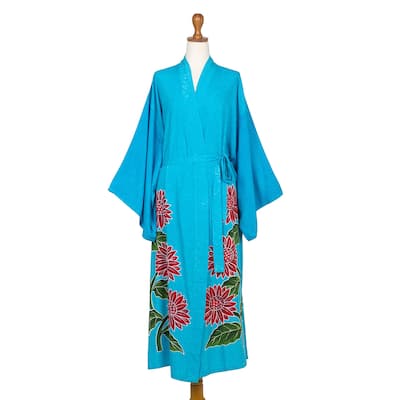 Novica Handmade Beautiful Flowers In Turquoise Hand-Painted Rayon Robe