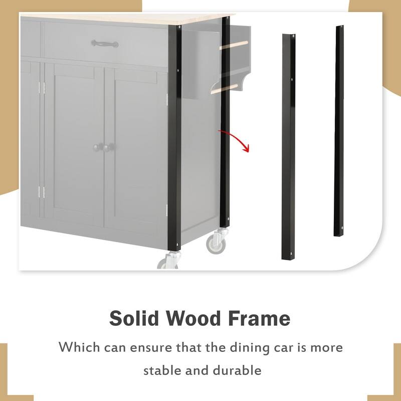 35"W Kitchen Island Cart with Solid Wood Top and Locking Wheel，4 Door Cabinet and 2 Drawers，Spice Rack, Towel Rack and Handle