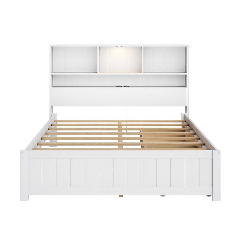 Wooden Platform Bed with Bookcase Headboard and 2 Side Drawers