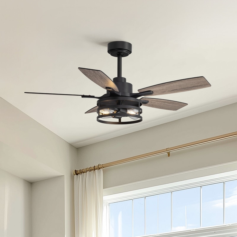 42/52/60Inch Farmhouse Black Caged Ceiling Fans With Lights and Remote Modern Rustic Wood Fandelier(5/6-Blade,2/3-Light)