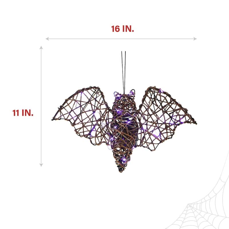 Haunted Hill Farm Set of 3 Battery-Operated Rattan Bats with Hanging Loops, Purple Lights, and Timer