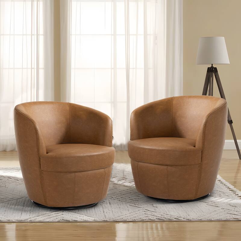 2 Set Faux Leather Club Swivel Barrel Accent Chair
