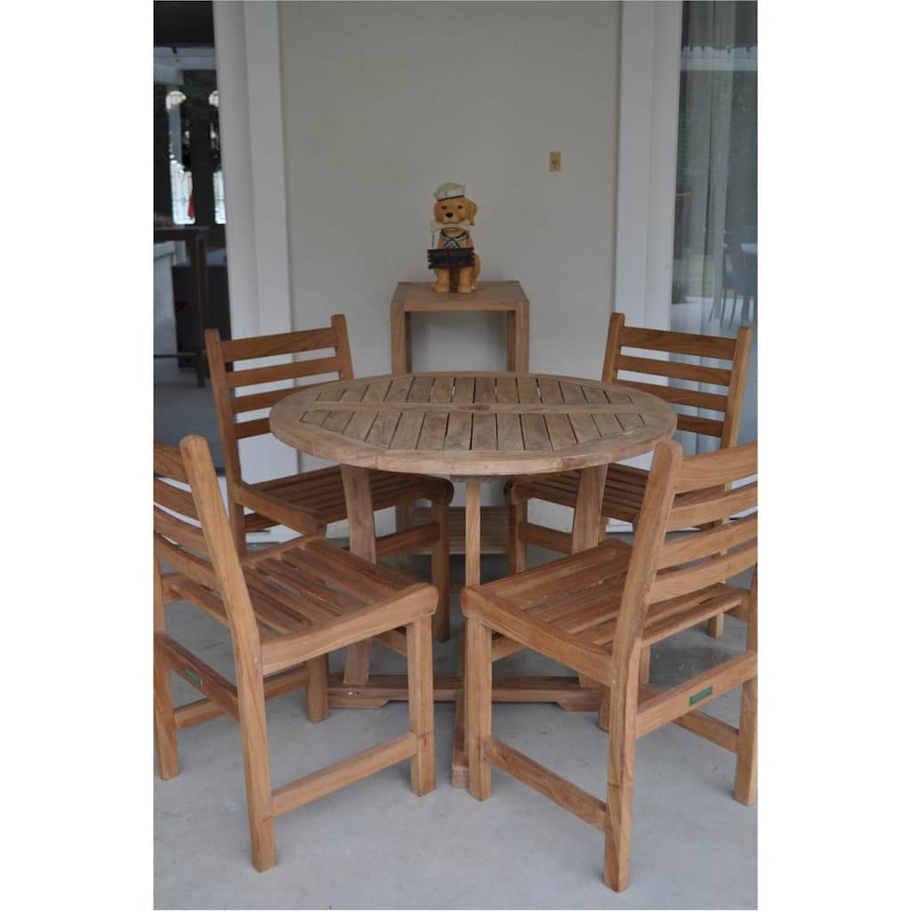 Modern 5-Piece Dining Set - Round Table & 4 Chairs - Teak Wood Outdoor Patio Furniture